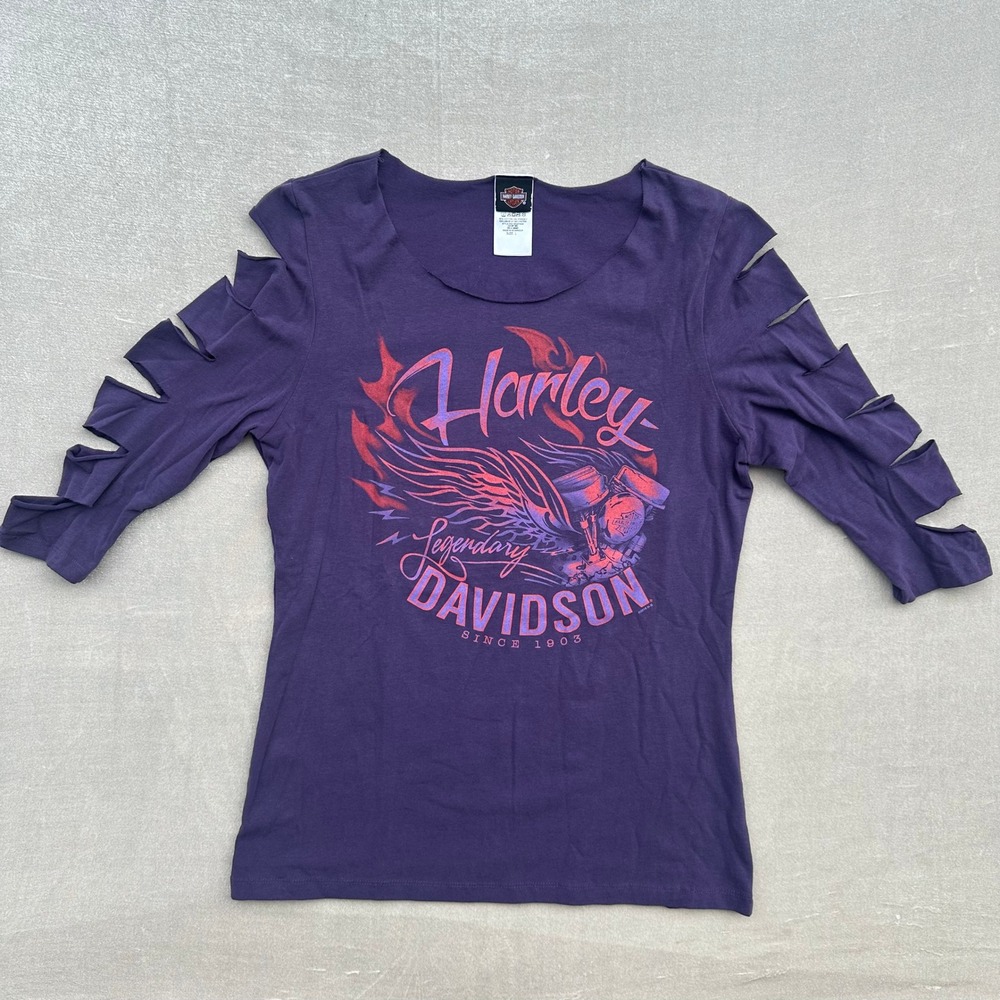 Harley-Davidson Women's Large Purple Cutout Sleeve Graphic T-Shirt Bumpus TN